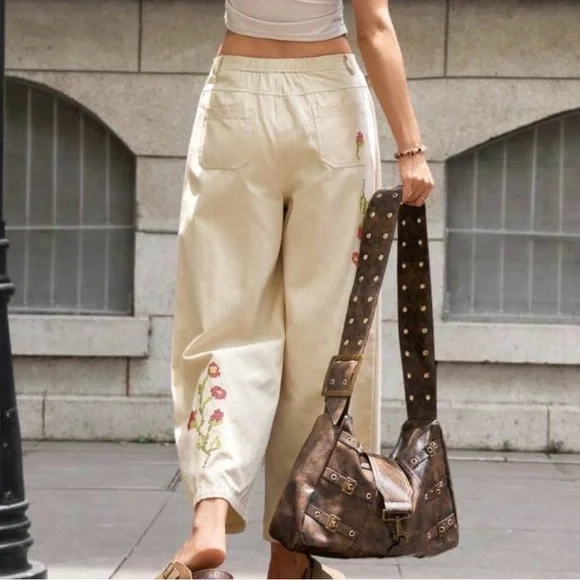 SHEIN Floral Embroidered Tan Wide-Leg Pants - Picture 2 of 7